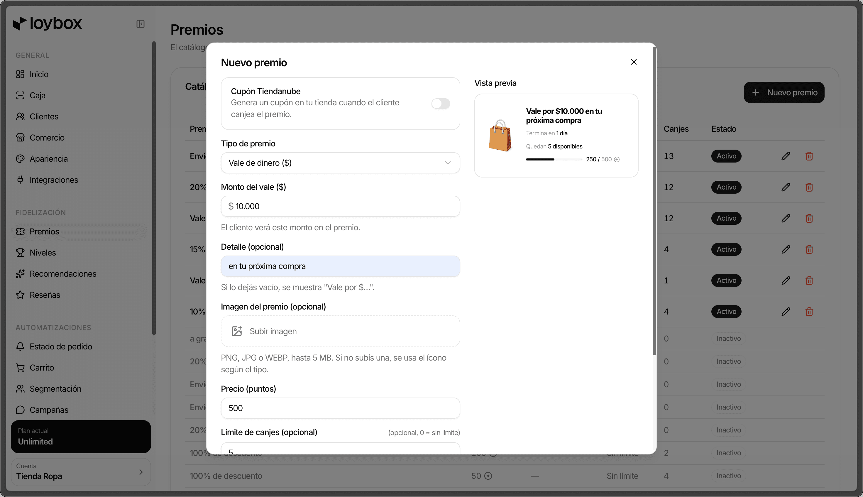 The New reward modal in the Loybox dashboard
