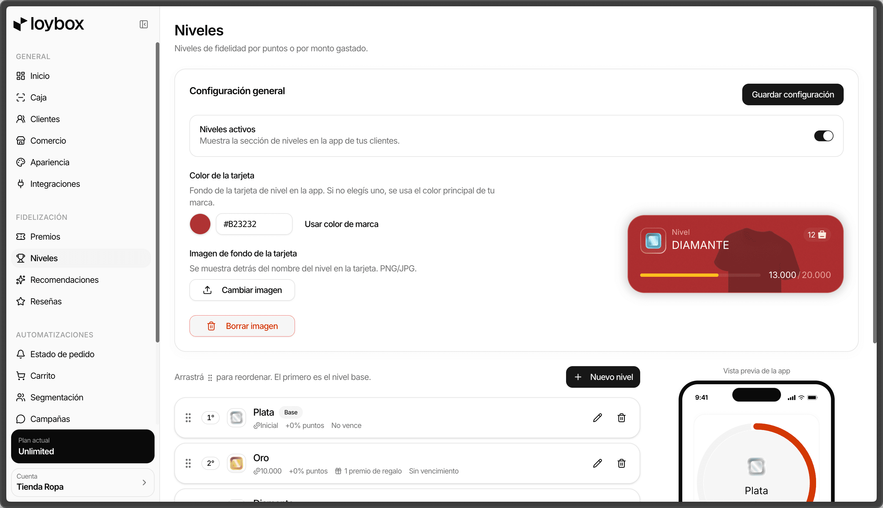 The Tiers section in the Loybox dashboard