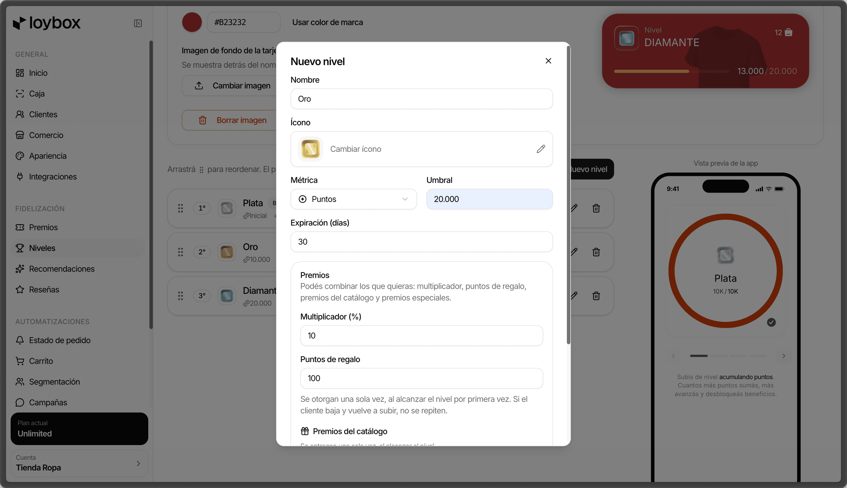 The New tier modal in the Loybox dashboard