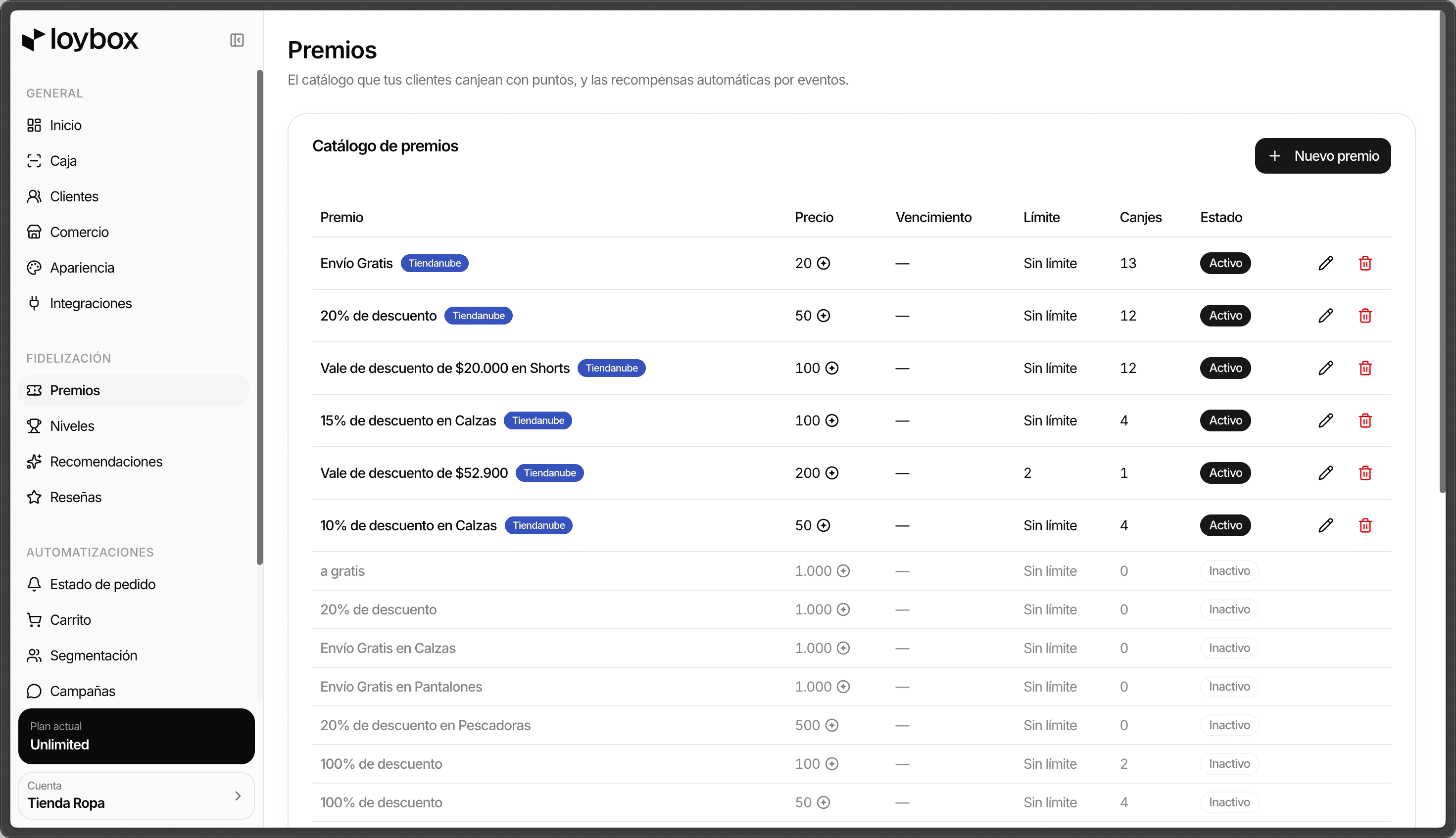 The reward catalog in the Loybox dashboard