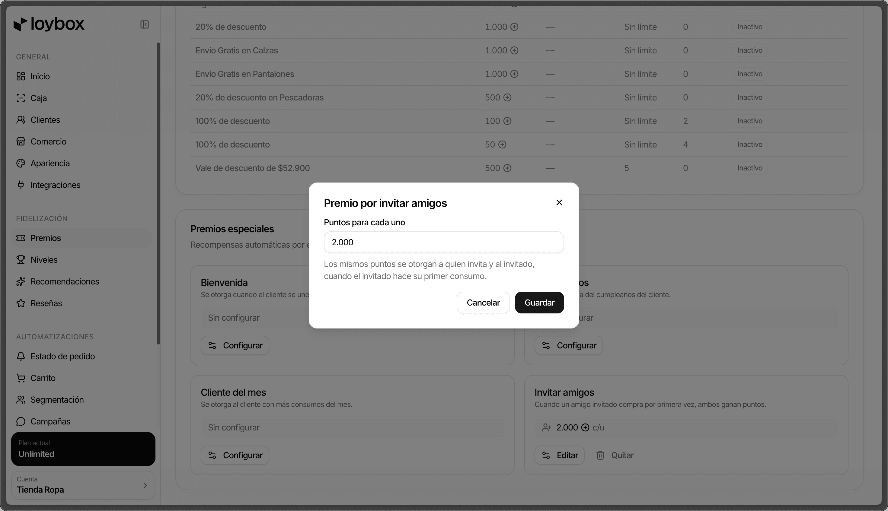 The invite-a-friend reward settings in the Loybox dashboard