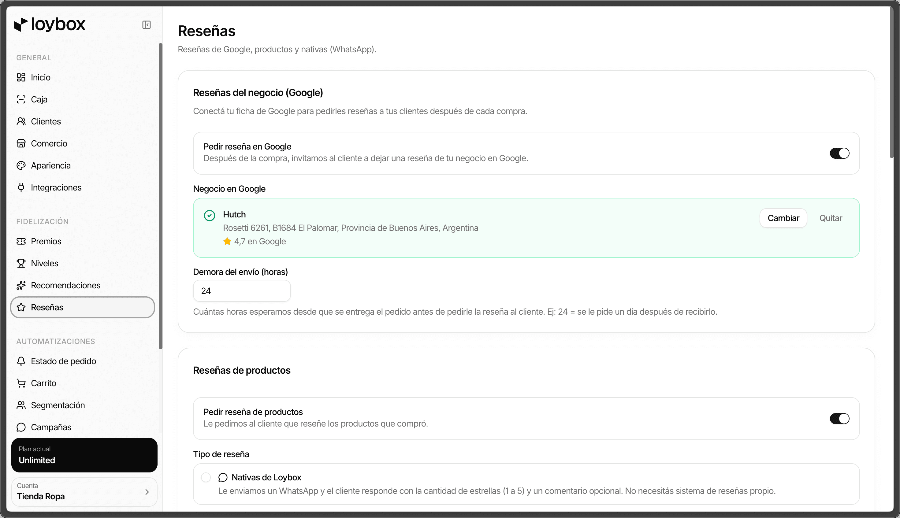 The Reviews section in the Loybox dashboard